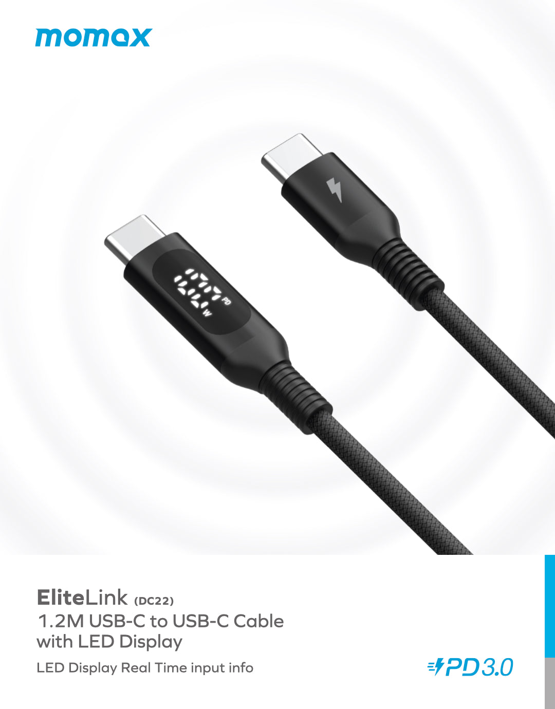 Elitelink USB-C to C PD100W USB-C To USB-C with LED display (1.2M) DC22