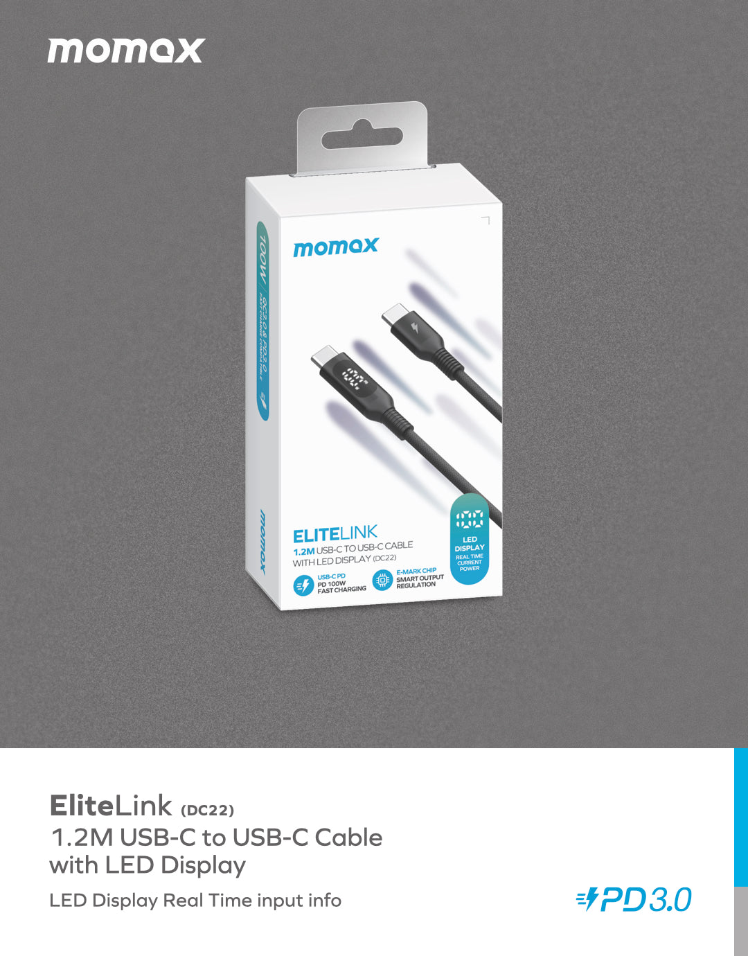 Elitelink USB-C to C PD100W USB-C To USB-C with LED display (1.2M) DC22