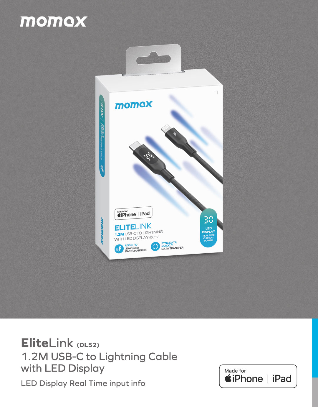 Elitelink USB C To Lightning PD 30W USB-C To Lightning with LED display (1.2M) DL52