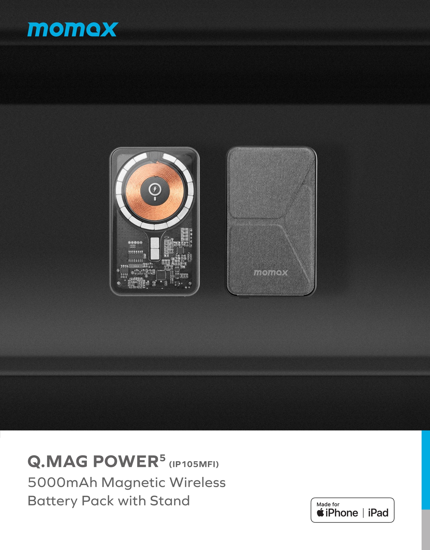 Q.Mag Power5 5000mAh Magnetic Wireless Battery Pack with Stand IP105MFI