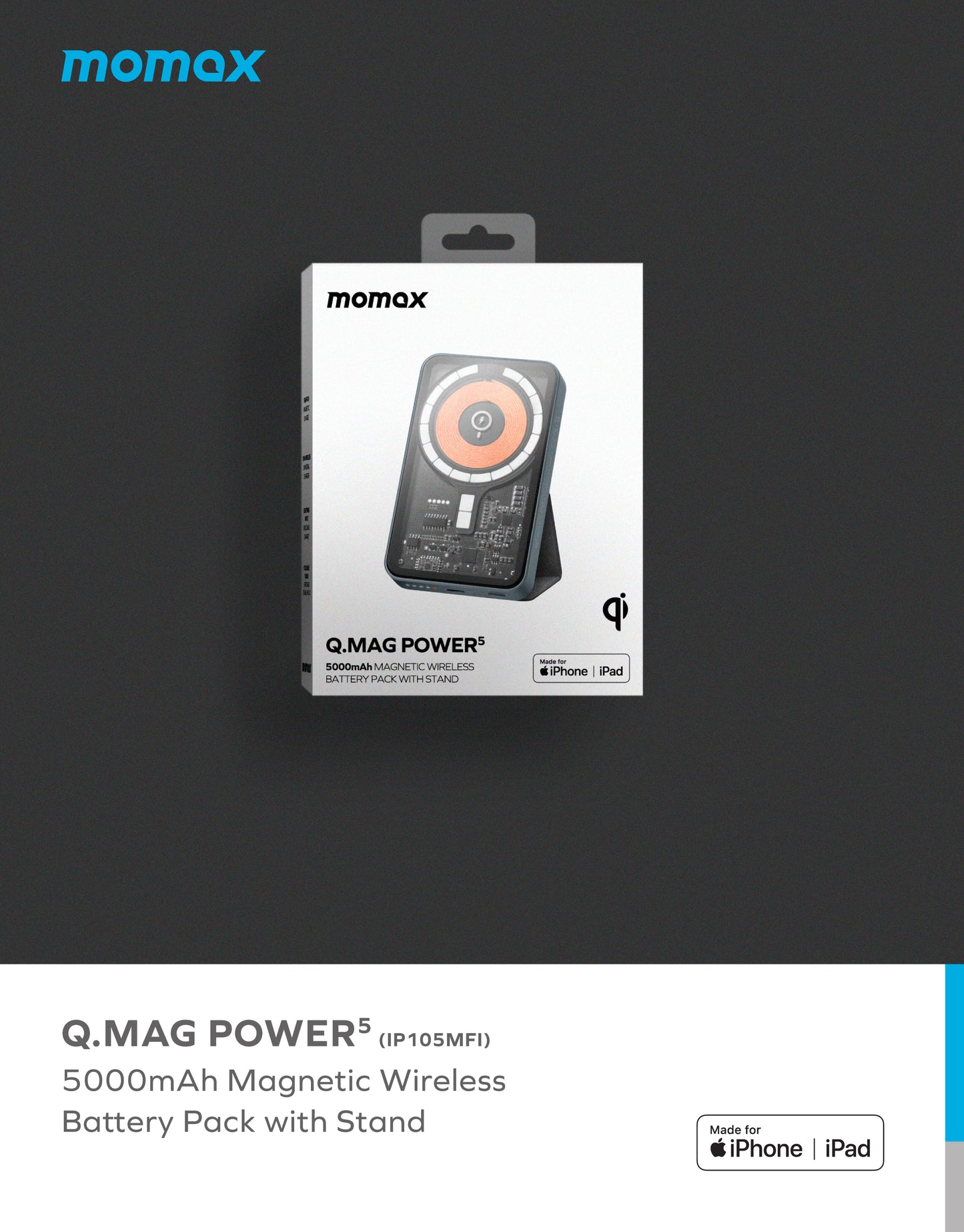 Q.Mag Power5 5000mAh Magnetic Wireless Battery Pack with Stand IP105MFI