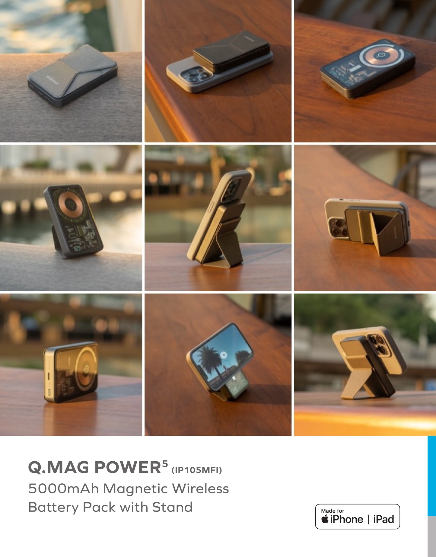 Q.Mag Power5 5000mAh Magnetic Wireless Battery Pack with Stand IP105MFI