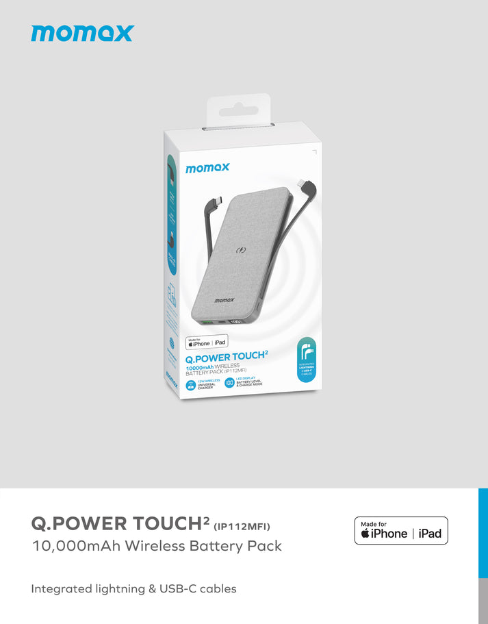 Q.Power TOUCH 2 Wireless Charging Power Bank 10000mAh IP112MFI