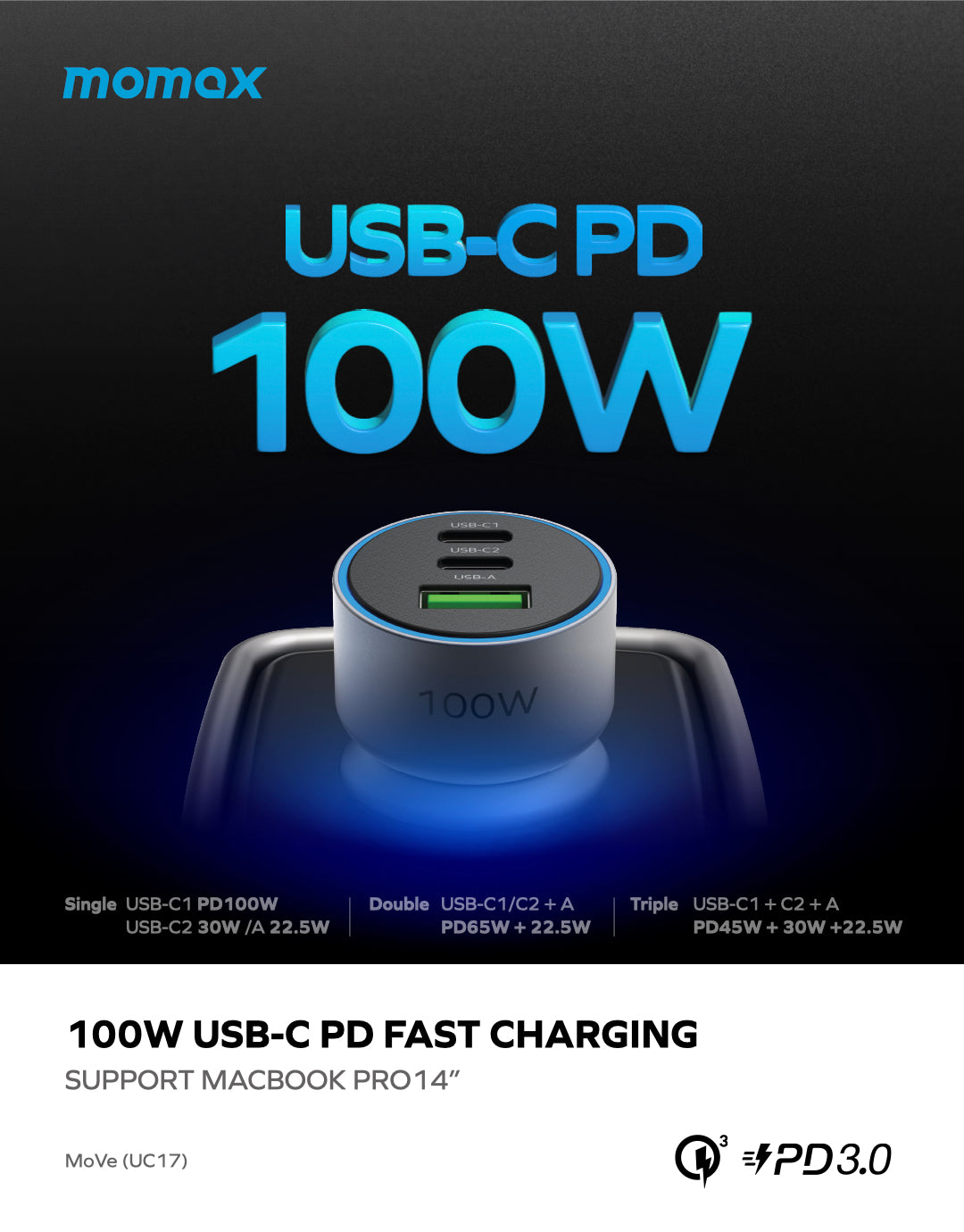 MoVe 100W Triple Fast Charge Car Charger UC17